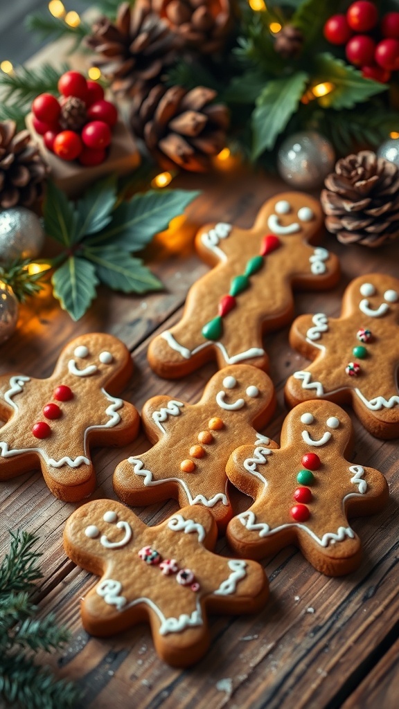 Decorated gingerbread men cookies on a wooden table with Christmas decorations.